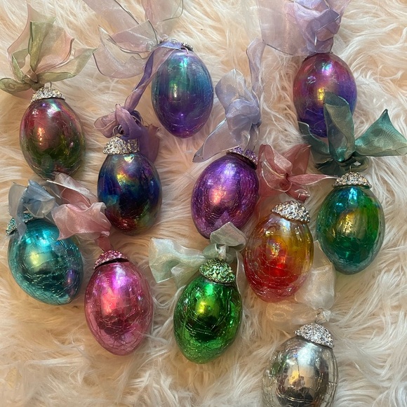 Vintage Oval Easter Crackle Iridescent Glass Ornament Set of 11 Kugel Style Egg - Picture 1 of 4